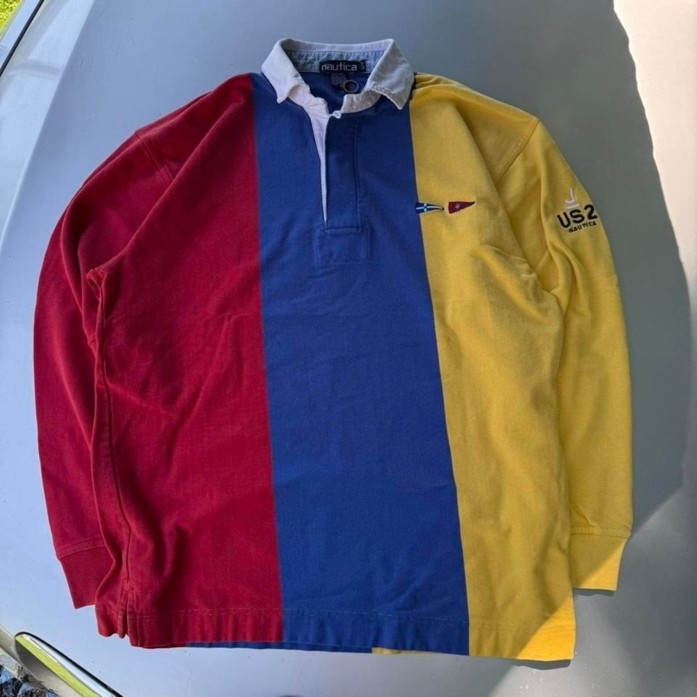 Nautica US2 USA navy and yellow long sleeve polo shirt rugby polo VTG PREPPY - Picture 2 of 8
